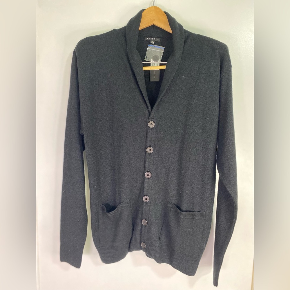 Men’s Black Shawl Collar Cardigan Sweater Button Front Pockets Size L